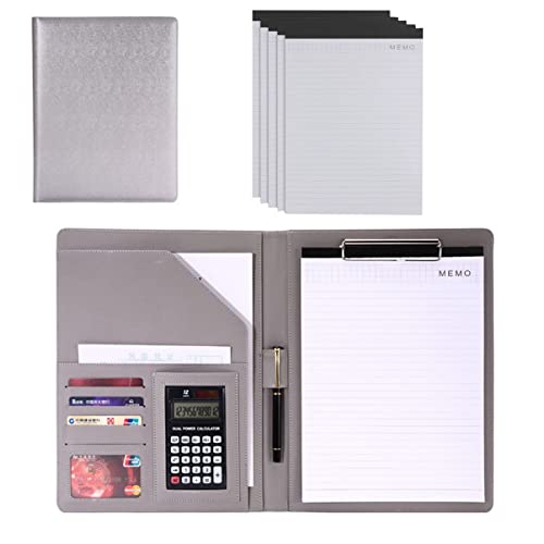 GENSNRY Business Conference leather foldover Folder, Business Clipboard Folder Professional Resume Folder with Notebook for Interview Meeting Training(Gray,12digit calculator)