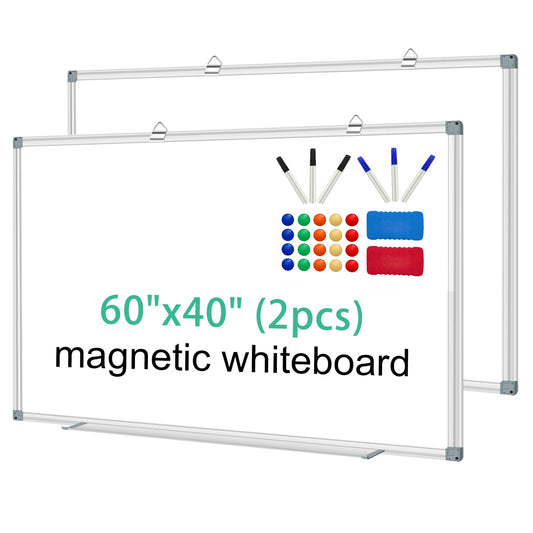 H-Qprobd Whiteboard Dry Erase White Board for Wall 60x40 (2pcs) Magnetic Boards for Office Classroom & Home, Large Wall White Board Including 6 Markers, 20 Magnets, 2 Erasers