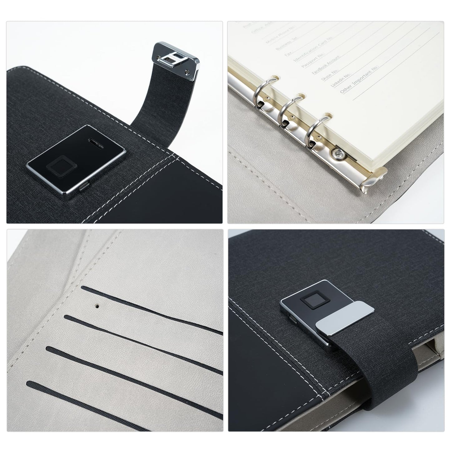 BUZHI A5 Pu Leather Journal,A5 Leather Notebook with Fingerprint Lock and 16GB High-Speed USB Drive Lined Journal Planner 100-Page 6-Ring Binder 4 Card Slots Perfect for Businessman Professionals