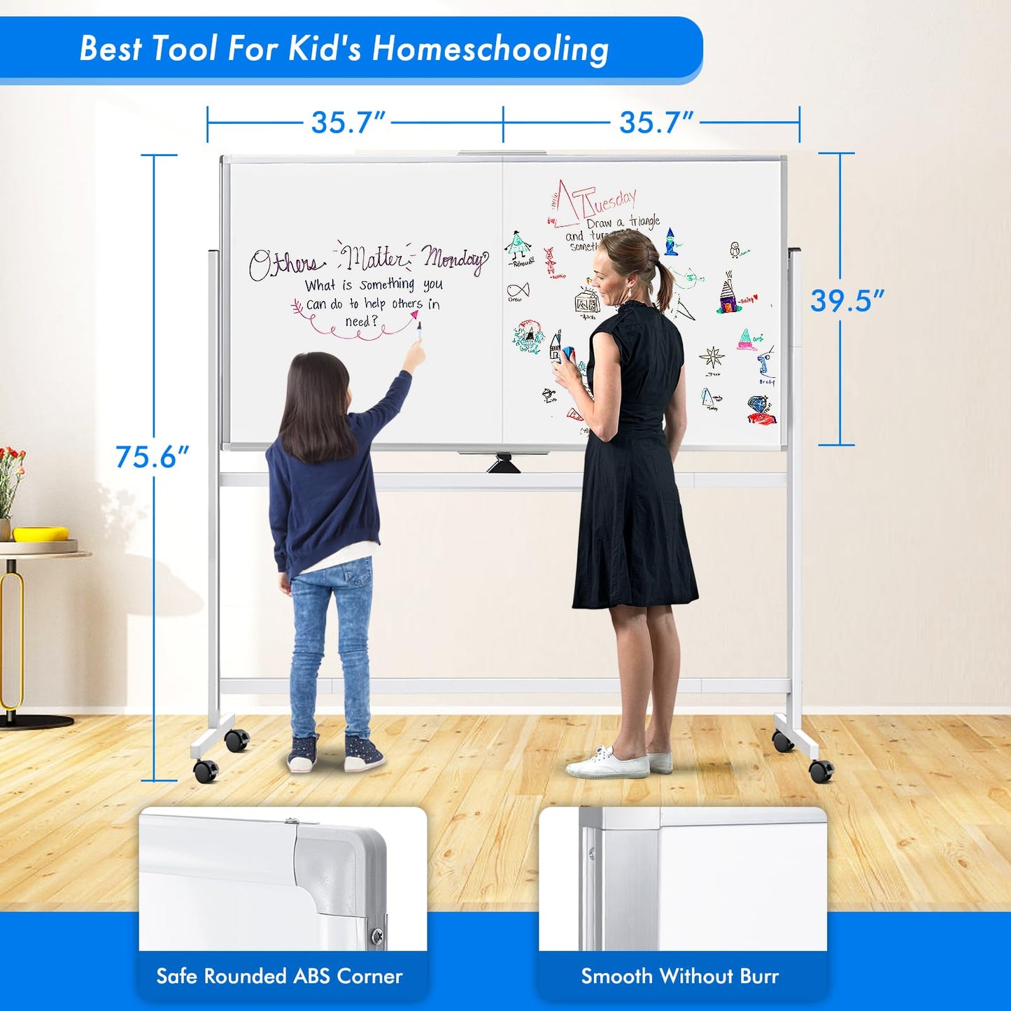 maxtek Rolling Whiteboard, 72x40 Large Double-Sided White Board Dry Erase on Wheels, Giant Magnetic White Board Standing for Office, School, Home Office, Homeschool(72 x 40)