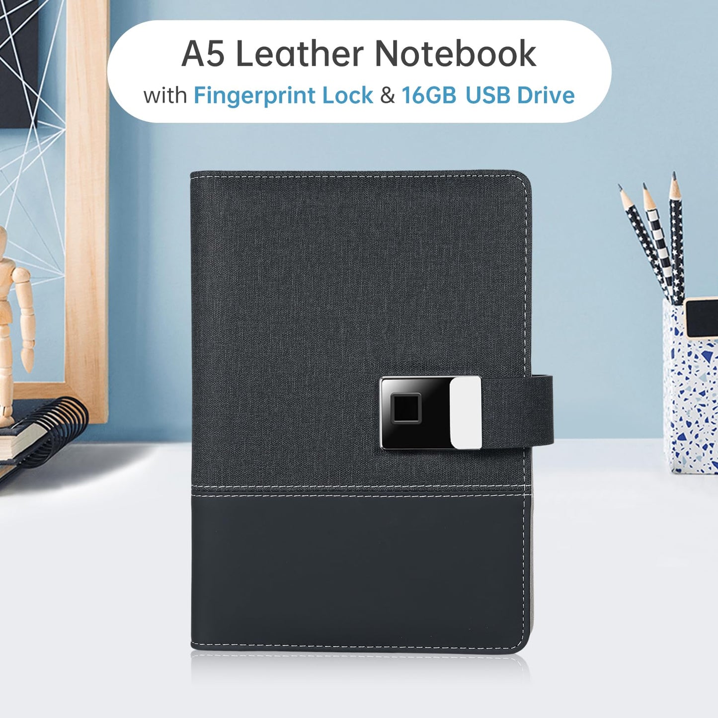 BUZHI A5 Pu Leather Journal,A5 Leather Notebook with Fingerprint Lock and 16GB High-Speed USB Drive Lined Journal Planner 100-Page 6-Ring Binder 4 Card Slots Perfect for Businessman Professionals